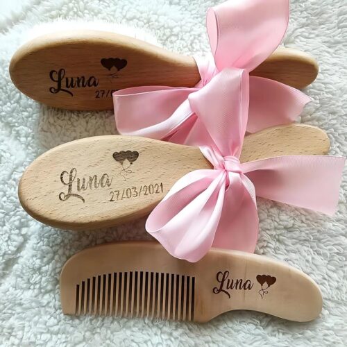 Lot De 3 Brosses A Cheveux Personnalisees For Bebe, Brosse Et Peigne En Bois, Brosse De Massage De Tete For Bebe, Nouveau-ne Bapteme