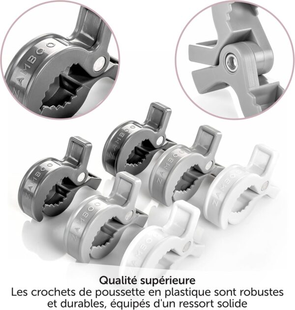 Zamboo Pince Poussette Universelle (Lot de 6 Pieces) - Crochet Poussette, Landau et Siege Auto pour Accrocher Jouets, Langes, Couver