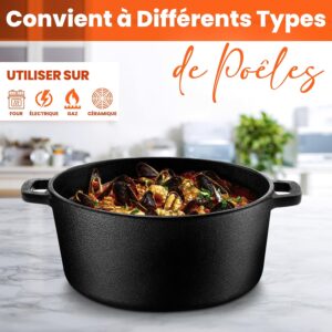 KICHLY 2 En 1 Four Hollandais En Fonte Pre-Assaisonne Avec Couvercle De Poele A Griller A Double Usage - Cuire Au Four, Frire, Rotir