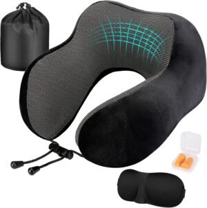 Eono Coussin de Voyage, Oreiller de Voyage a Memoire de Forme, Coussin Voyage Ergonomique pour Avion et Train, Masque pour Dormir, B