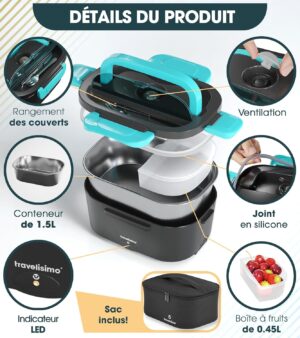 TRAVELISIMO Gamelle Chauffante 80W Lunch Box Chauffante 1,5L Marmite Electrique 3 en 1 220V 24V 12V, Gamelle Chauffante Allume Cigar