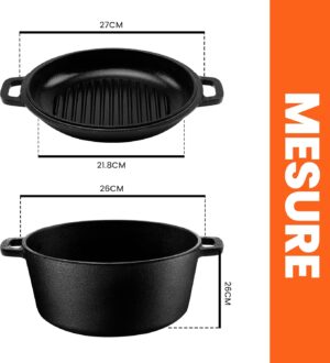 KICHLY 2 En 1 Four Hollandais En Fonte Pre-Assaisonne Avec Couvercle De Poele A Griller A Double Usage - Cuire Au Four, Frire, Rotir