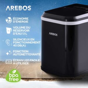 Arebos Machine à glaçons 12kg/24h, 10–15 min, réservoir 1,1 L, silencieuse