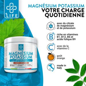 Potassium Magnesium Poudre 300g Orange PiuLife, Avec Vitamine B12, B6, B1, Acide Folique, Vitamine C, Complement Alimentaire Fatigue