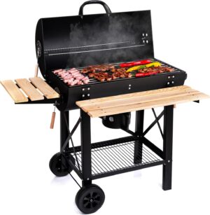 Barbecue charbon de bois LEHMANN, grille XL, 2 étagères bois