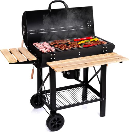 Barbecue charbon de bois LEHMANN, grille XL, 2 étagères bois