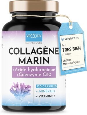 Premium Collagene Marin Complex 1000mg hautement dose Acide Hyaluronique - 120 Caps Coenzyme Q10, Zinc, Cuivre, Manganese, Vitam