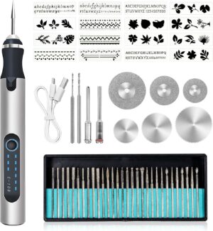 81P5GfcALL._AC_SL1500_.jpg Stylo Graveur Electrique San Fil, 56 Accessoires, Kit D'outils Rotatifs Sans Fil pour Bijoux, Verre, Bois, Plastique, Metal, Pierre