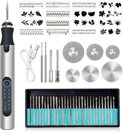 Stylo Graveur Electrique San Fil, 56 Accessoires, Kit D'outils Rotatifs Sans Fil pour Bijoux, Verre, Bois, Plastique, Metal, Pierre