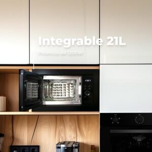 EVVO Micro-ondes integre Mi30 Black, 21 l de capacite, grill 1000 W, porte et cadres effet brillant, multifonction, fonction deconge