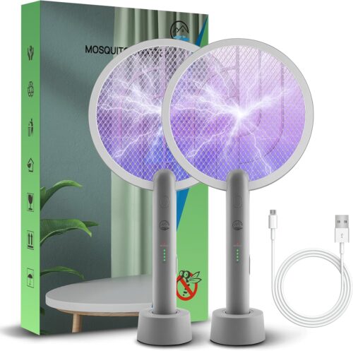 Mosiller 2-in-1 Electric Fly Swatter, 4000V with Charging Station, Portable Mosquito Swatter and UV Lamp, 3 Layers Net Protection (P