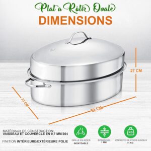 NutriChef Plat Four de Rotissage Ovale51 cm avec Grille et Couvercle - Plat Inox en Acier Inoxydable de Haute Qualite avec Poignees