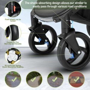 Zkiprm Cuir Poussette 3 en 1, Systeme de Voyage 3-en-1 Avec Siege Auto, Avec Habillage Pluie, Chassis Aluminium, Landau de ville pli