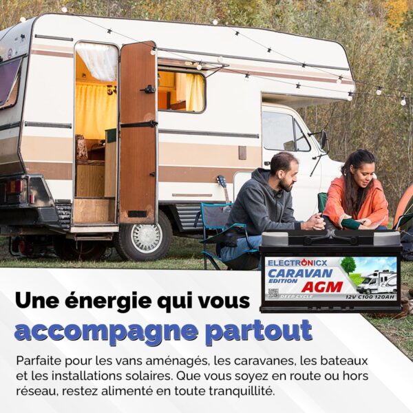 Batterie AGM 120Ah Caravan Edition Batterie Voiture 12v Solution Energetique Solaire Batterie Decharge Lente pour Camping-Car Enfant