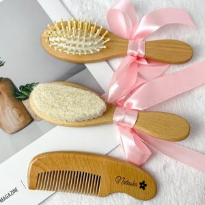 Lot De 3 Brosses A Cheveux Personnalisees For Bebe, Brosse Et Peigne En Bois, Brosse De Massage De Tete For Bebe, Nouveau-ne Bapteme