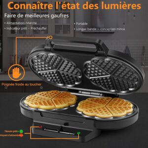 YASHE Machine A Gauffre Coeur, 10 Gaufres Classiques En Forme De Cœur Avec Revetement Antiadhesif, 5 Reglages De Temperature Ajustab