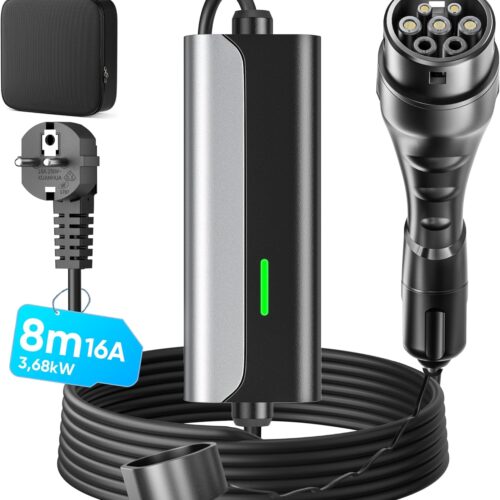 Electric Car Charger Type 2-8M - 3.68kW EV Charger Type 2 16A, Fast Electric Car Charging Cable 3.68kW, with LED Indicator, IEC 6219