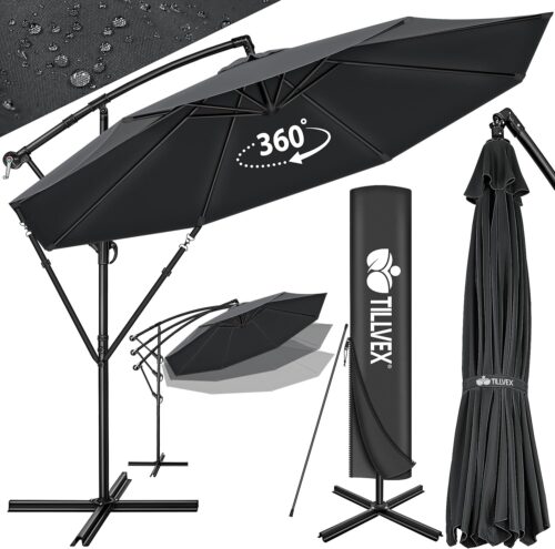 tillvex Parasol deporte hexagonale 3M avec manivelle Pare-soleil avec pied Protection UV en aluminium pour le jardin Parasol a