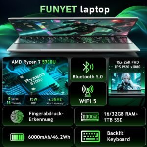 PC portable gaming FUNYET 15,6" FHD R7-5700U 16 Go 1 To SSD