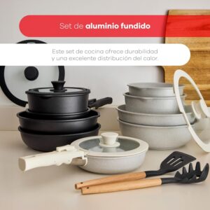 BERGNER Batterie de cuisine avec poignee amovible 2 poeles, 2 casseroles, 1 sauteuse, 2 couvercles et 2 ustensiles - En fonte d'alum
