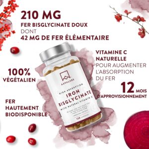 Fer Complement Alimentaire Vitamine C Acerola - Fer Bisglycinate 42mg Iron Complement Alimentaire Haute Biodisponibilite Vegan Ene
