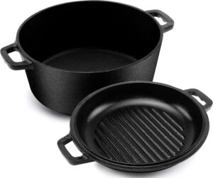 KICHLY 2 En 1 Four Hollandais En Fonte Pre-Assaisonne Avec Couvercle De Poele A Griller A Double Usage - Cuire Au Four, Frire, Rotir