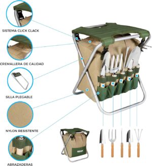 BIKAIN - Foldable Garden Stool - Tool Set - Storage Bag with Zipper - Includes 5 Wooden Remote Control Tools, Brown