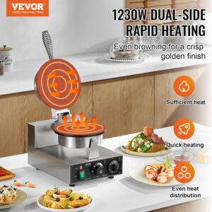 VEVOR Gaufrier a Cornet de Glace Commercial 1230 W, Appareil a Cornet de Glace et Rouleaux d'Œufs, en Acier Inoxydable Antiadhesif,