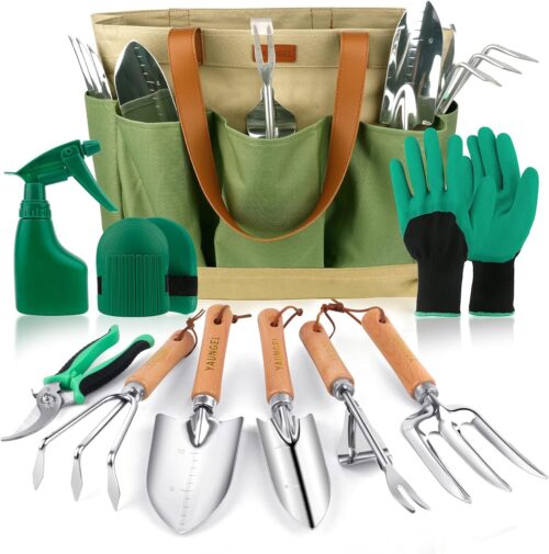 YAUNGEL Gardening Tools Set, 10 Pieces Stainless Steel Heavy Duty Garden Tool Set with Non-Slip Wooden Handle - Gifts for Women and