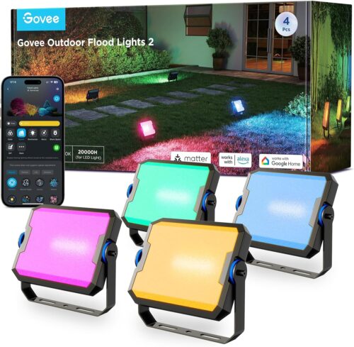 Govee Lot de 4 Phares Projecteur LED Exterieur, RGBIC Lumiere avec Blanc Froid et Chaud, Fonctionne avec Alexa Matter Google Home, 5
