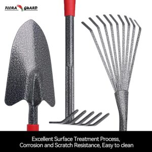 FLORA GUARD 6 Pcs Garden Tools Stainless Steel Garden Tool Kit with 2-in-1 Hoe, Treulle, Rakes, Weeder Knife, Hammered Finish, for P