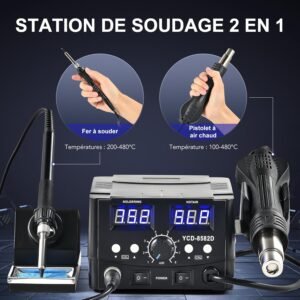 CREWORKS 2 en 1 Station de Soudage 8582D avec Pistolet a Air Chaud 750W Fer a Souder 75W 200-480C Affichage LED Numerique