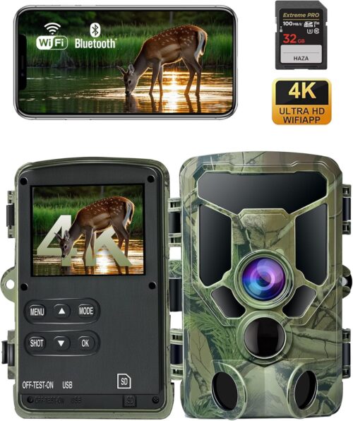 HAZA 4K WiFi Hunting Camera, Smart Phone Hunting Camera, Motion Detection, Night Vision Card and 32 GB, Photographic Trap, 120 Wide