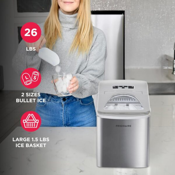 Frigidaire 26 LBS Per Day Portable Compact Ice Maker Stainless Steel Medium Size Ice Maker