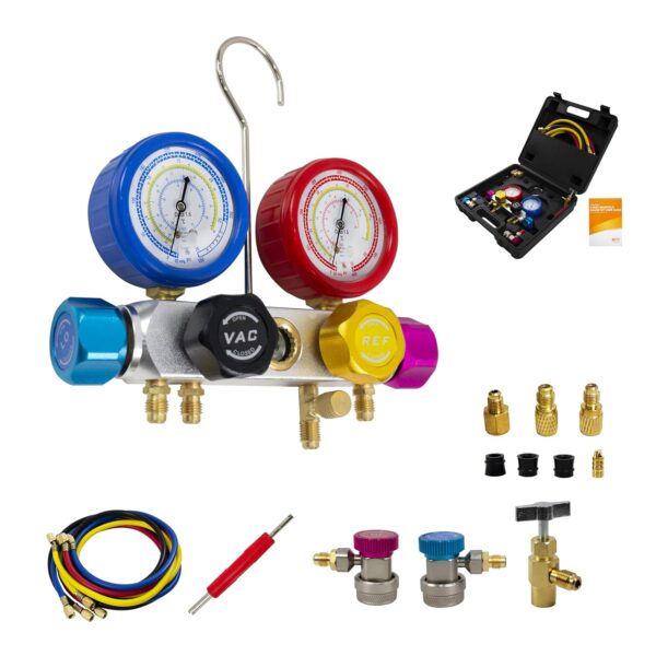 BACOENG R134a 4-Way Car Air Conditioning Refill Kit with 150 cm Hose, Manometer Air Conditioning Gas Filling Kit, Suitable for R32 R