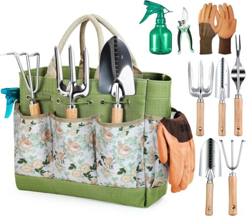 Grenebo Gardening Tools, 9 Piece Stainless Steel Gardening Set with XL Storage Bag, Watering Can, Gloves, Gardening Kit Gifts for Me