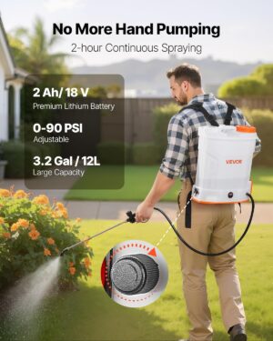 VEVOR Pulverisateur a Dos Electrique a Batterie 12 L, Reglable 0-6,2 Bar, avec 2 Lances, 5 Buses, Batterie 18 V 2 Ah, Pulverisateur
