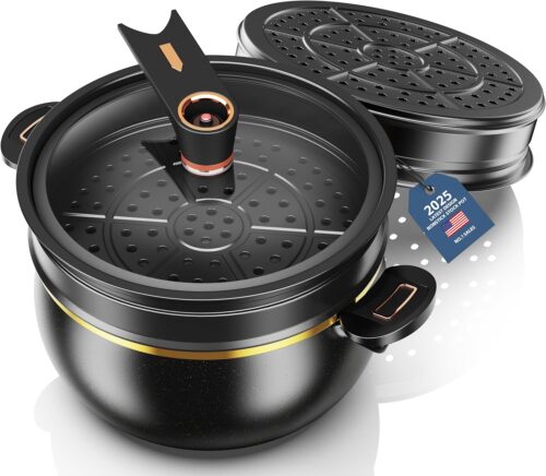 Marmite antiadhesif anodisee dure avec couvercle en verre et cuiseur vapeur, marmite de 8 litres, marmite a soupe profonde pour pate
