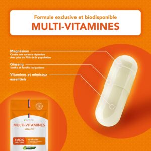 Multivitamines et Mineraux Avec Ginseng - Vitamines A, B1, B2, B3, B5, B6, B8, B9, B12, C, D3, E, Magnesium, Selenium et Zinc - En