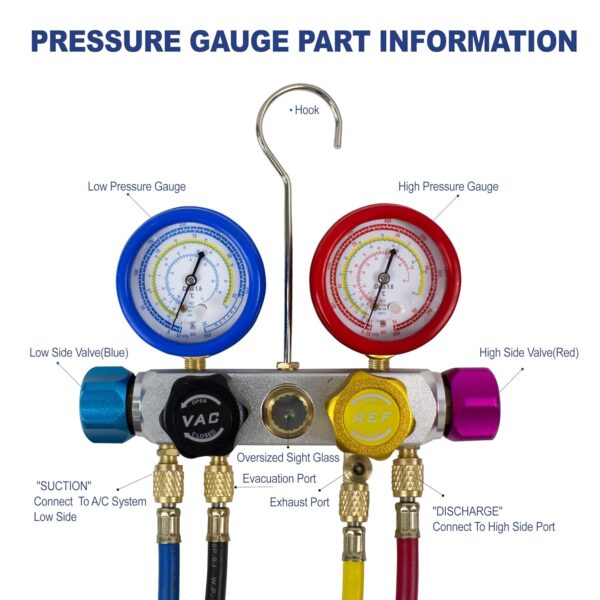 BACOENG R134a 4-Way Car Air Conditioning Refill Kit with 150 cm Hose, Manometer Air Conditioning Gas Filling Kit, Suitable for R32 R