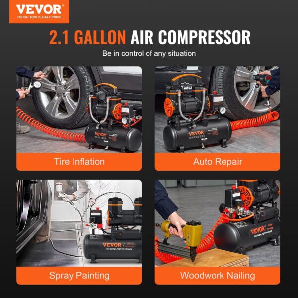 VEVOR Air Compressor Silent 8L Tank Oil Free Air Compressor 900W 1.2HP 3.7m3h to 6.2bar 70dB for Car Repair Inflating Tires Spray P