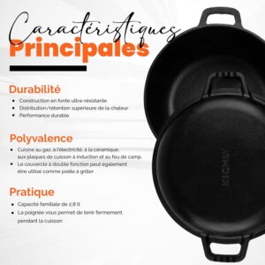 KICHLY 2 En 1 Four Hollandais En Fonte Pre-Assaisonne Avec Couvercle De Poele A Griller A Double Usage - Cuire Au Four, Frire, Rotir