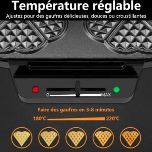 YASHE Machine A Gauffre Coeur, 10 Gaufres Classiques En Forme De Cœur Avec Revetement Antiadhesif, 5 Reglages De Temperature Ajustab