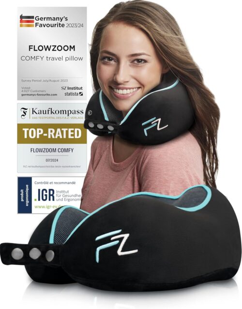 FLOWZOOM Comfy Oreiller de Voyage en Mousse a Memoire de Forme pour Avion et Voiture Coussin pour Avion Reglable, Soutien a 360,