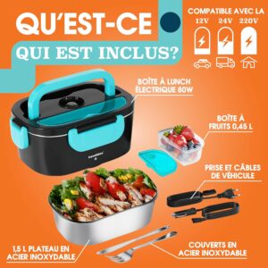 81pCR2KvaNL._AC_SL1500_.jpg TRAVELISIMO Gamelle Chauffante 80W Lunch Box Chauffante 1,5L Marmite Electrique 3 en 1 220V 24V 12V, Gamelle Chauffante Allume Cigar