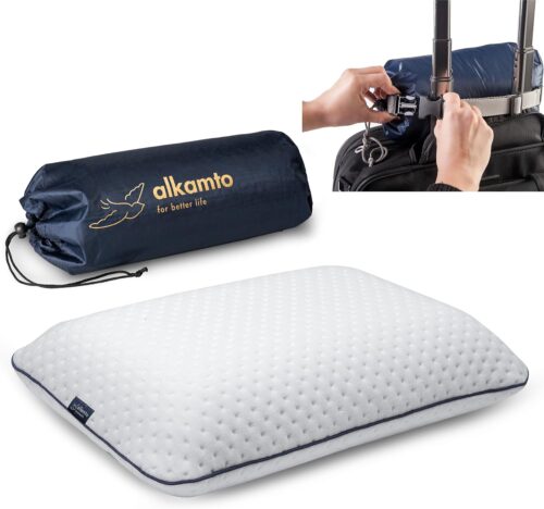 alkamto Oreiller de voyage ergonomique en mousse a memoire de forme avec coussin thermoregulateur - Sac de transport etanche inclus