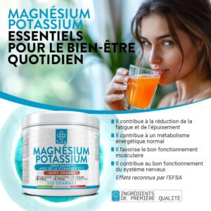 Potassium Magnesium Poudre 300g Orange PiuLife, Avec Vitamine B12, B6, B1, Acide Folique, Vitamine C, Complement Alimentaire Fatigue
