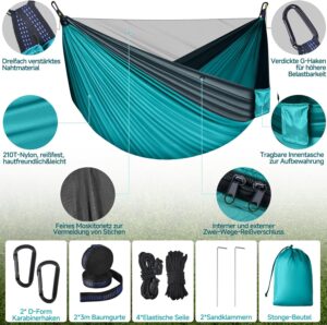 PHYSEN Hamac de Camping avec Moustiquaire, Hamac d'exterieur 2 Personnes,300 kg Capacite de Charge hamac, Ultra-leger Nylon a Parach