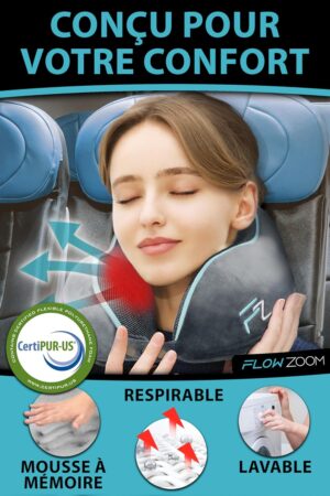 FLOWZOOM Comfy Memory Foam Airplane Car Travel Pillow - Adjustable Airplane Pillow, 360 Degree Support, Washable Plush Cover and Car