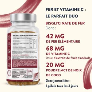 Fer Complement Alimentaire Vitamine C Acerola - Fer Bisglycinate 42mg Iron Complement Alimentaire Haute Biodisponibilite Vegan Ene
